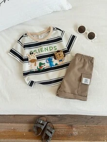 SHEIN 2pcs/Set Baby Boy Cute Cartoon Character Striped Short Sleeve T-Shirt And Khaki Casual Shorts Set, Summer - Multicolor - View 6