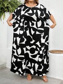 SHEIN CURVE+ Curve 尺码 US22 音乐节、海滨度假、波西米亚风女士几何印花圆领短袖优雅长连衣裙 - 黑與白 - 查看 10