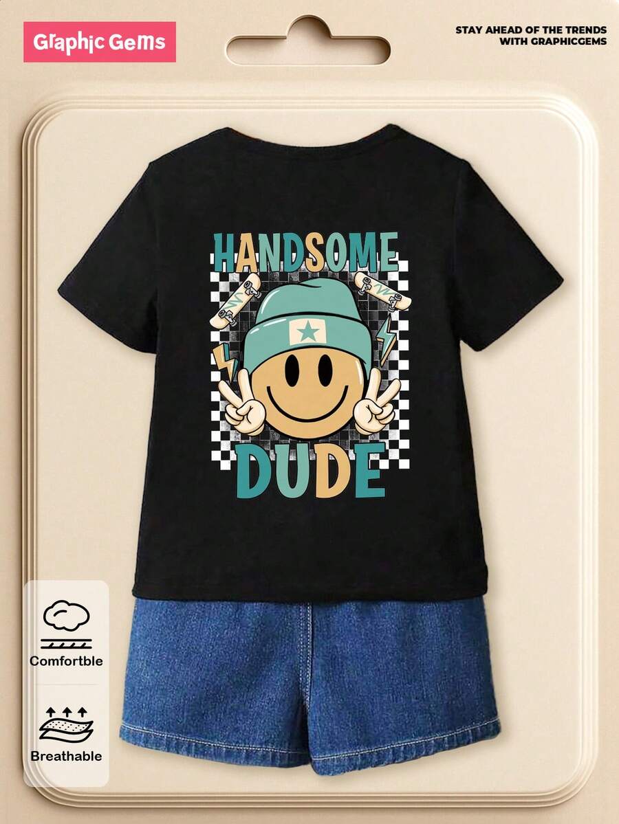 SHEIN Playful Pals Young Boy Casual Creative Checkered, Face & Letter, Skateboard Graphic Printed Short Sleeve Round Neck T-Shirt, Suitable For Everyday, School And Outdoor Play In Summer