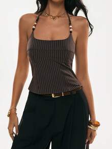 Poéselle 女士休闲性感波西米亚度假风条纹印花露背串珠打结吊带上衣，夏季 - 咖啡棕 - 查看 8