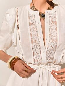 Poéselle 女士纯色蕾丝拼接前扣荷叶边下摆优雅连体裤 - 白色 - 查看 7