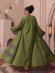 SHEIN Najma Women's Stand Collar Printed Patchwork Fringe Long Sleeve Arabic Abaya