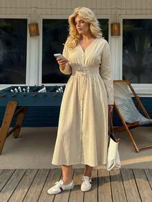 Dripcurv Váy dài thắt lưng màu mơ mùa đông dành cho nữ, Váy thường ngày độc quyền, Váy năm mới, Phong cách năm mới, Trang phục ngày lễ tình nhân. - Màu be - Xem 3