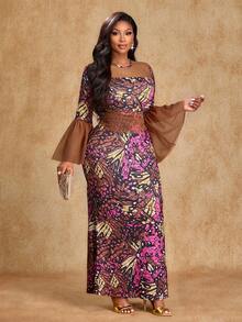 Brilight Đầm nữ dáng suông dài ngang gối, tay loe bằng vải lưới, kiểu đuôi cá, phối màu tương phản, mang phong cách nhiệt đới thanh lịch, thích hợp cho tiệc năm mới, lễ hội, mặc thường ngày, Giáng sinh, Lễ Tạ ơn, đám cưới và các dịp khác, đầm mùa thu, xuân hè dành cho nữ. - màu nâu - Xem 4