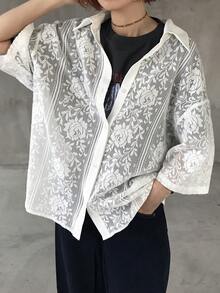 FRIFUL 女士蕾丝拼接翻领单排扣休闲通勤长袖衬衫 - 米色 - 查看 4