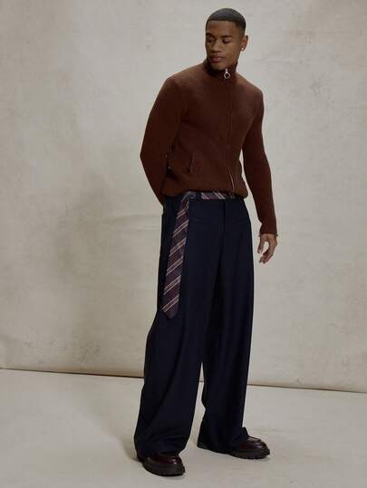 Musero Barrel Leg Baggy Style Smart Fit Suit Pant Trouser Striped Waist Belt Tie Winter Essentials