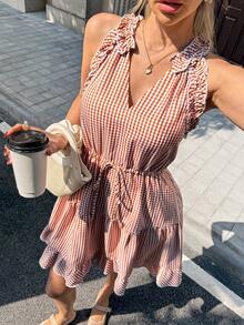 Pariaura Women's Casual Plaid Halter Neck Dress, Summer - Red - View 6