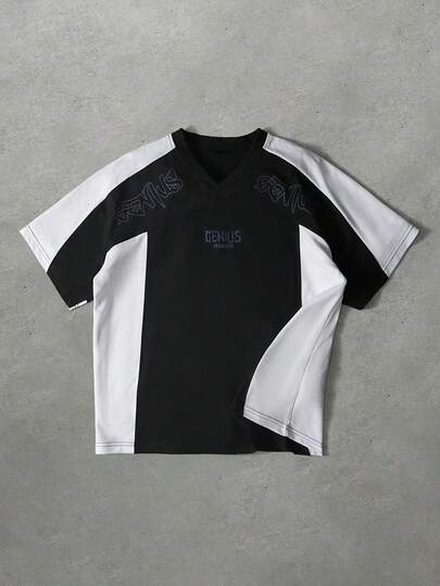  Men's Letter Print Contrast Color V-Neck Short Sleeve Casual T-Shirt,PAVTROS Men's V-Neck Raglan Sleeve Black And White Color-Blocked Loose Street Style T-Shirtvalentine's Day,Spring To Summer,Gift For My Boyfriend,Mardi Gras,Vintage,Streetwear,Party,St Patrick's Day,Going Out