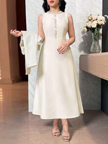 Modelyn 女士3D立体花卉装饰长袖外套和无袖连衣裙优雅两件套 - 黃色 - 查看 2