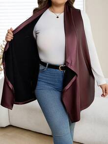 SHEIN CURVE+ Plus Size Burgundy PU Asymmetrical Waterfall Neckline Vest Regular Length Casual Coat - Burgundy - View 10