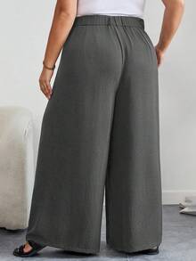 SHEIN CURVE+ 大码曲线/校园服/返校服/返校季大码女装办公室休闲裤，黑色高腰直筒休闲裤，简约时尚，适合日常穿着 - 深灰色 - 查看 2