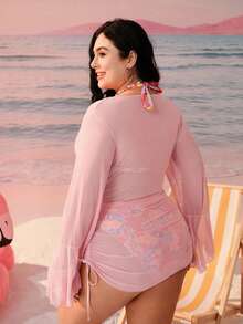 Swim Mod 3pcs Plus Size Women Slimming Floral Print Bikini Set + Cover Up, Summer Vacation Swimsuit - Pink - View 2