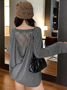 DAZY 女士蕾丝韩版休闲长袖T恤 - 灰色 - 查看 1