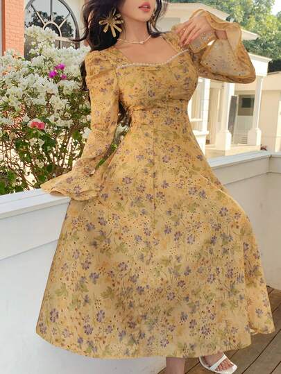 DAZY Vestido largo de gasa francesa con estampado floral diminuto, vestido de alta gama, vestido de manga larga para mujeres