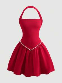 SHEIN Tween Girls' Elegant Beaded Halter Neck Summer Dress - Red - View 5