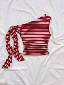 Soleia Blusa asimétrica con pliegues y rayas para mujer - Rojo y blanco - Ver 2