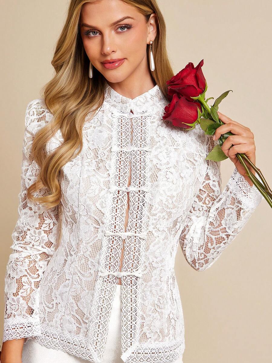 Amorya Damen elegantes einfarbiges Spitzenhemd mit Knöpfen