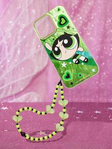 THE POWERPUFF GIRLS X SHEIN Cartoon Printed Mobile Phone Case, With Mobile Phone Chain  , Suitable For 11-17 Pro Max - Light green - View 2