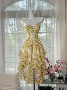 SHEIN MOD 女士复古印花系带荷叶边不对称下摆吊带连衣裙 - 黃色 - 查看 6