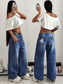 StreetHx Jeans de pierna ancha de uso diario versátil y casual con bordado de estrella de cinco puntas y bolsillos para mujer - Azul lavado oscuro - Ver 3