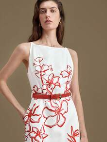 Ontre 2026新款春夏女式中长连衣裙，梭织面料，浪漫花卉印花，配腰带，时尚通勤，舒适简约，优雅 - 白色 - 查看 2