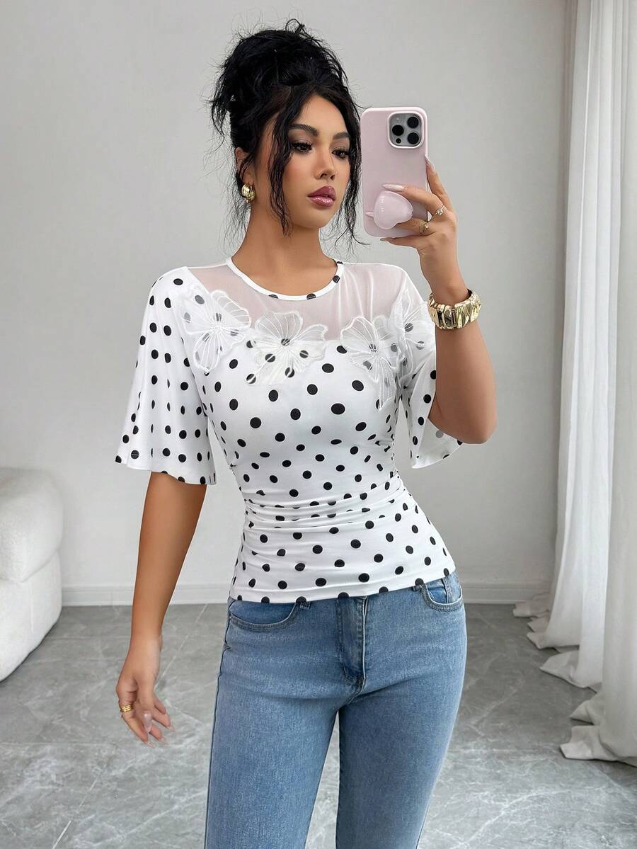 SHEIN Elenzya 女士波点印花时尚圆领网眼拼接T恤 - 白色 - 查看 1