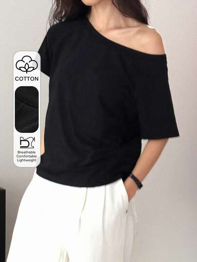 DAZY 1 件女士休闲纯色斜肩 T 恤，百搭设计