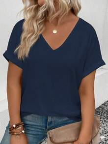 EMERY ROSE Women's V-Neck Flared Cuff, Ombre Heart Print Casual Versatile T-Shirt, Spring/Summer - Navy Blue - View 1