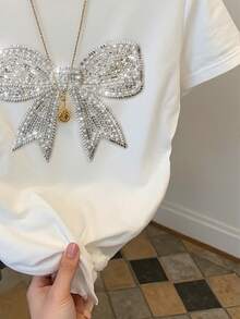 EMERY ROSE 蝴蝶结亮片刺绣休闲圆领短袖腰部褶皱T恤，送朋友的礼物 - 白色 - 查看 4