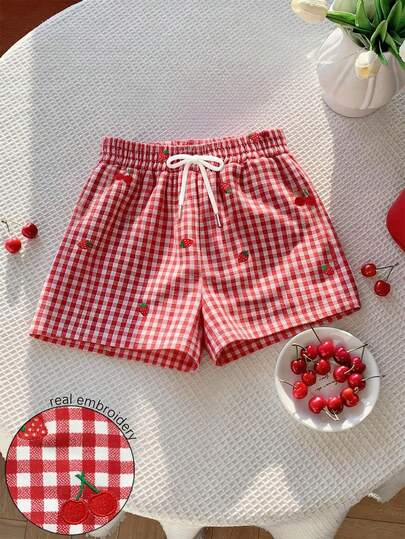 Resyla 粉色格子数码印花樱桃草莓刺绣简约时尚女式短裤，送朋友的礼物