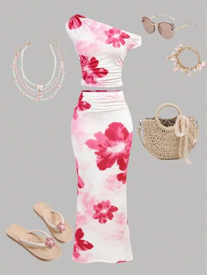 Girlism TEENGIRL Fuchsia Floral Print Asymmetric Ruched Fitted Two Pieces Skirt Set, Suitable For Summer, Vacation Outfit