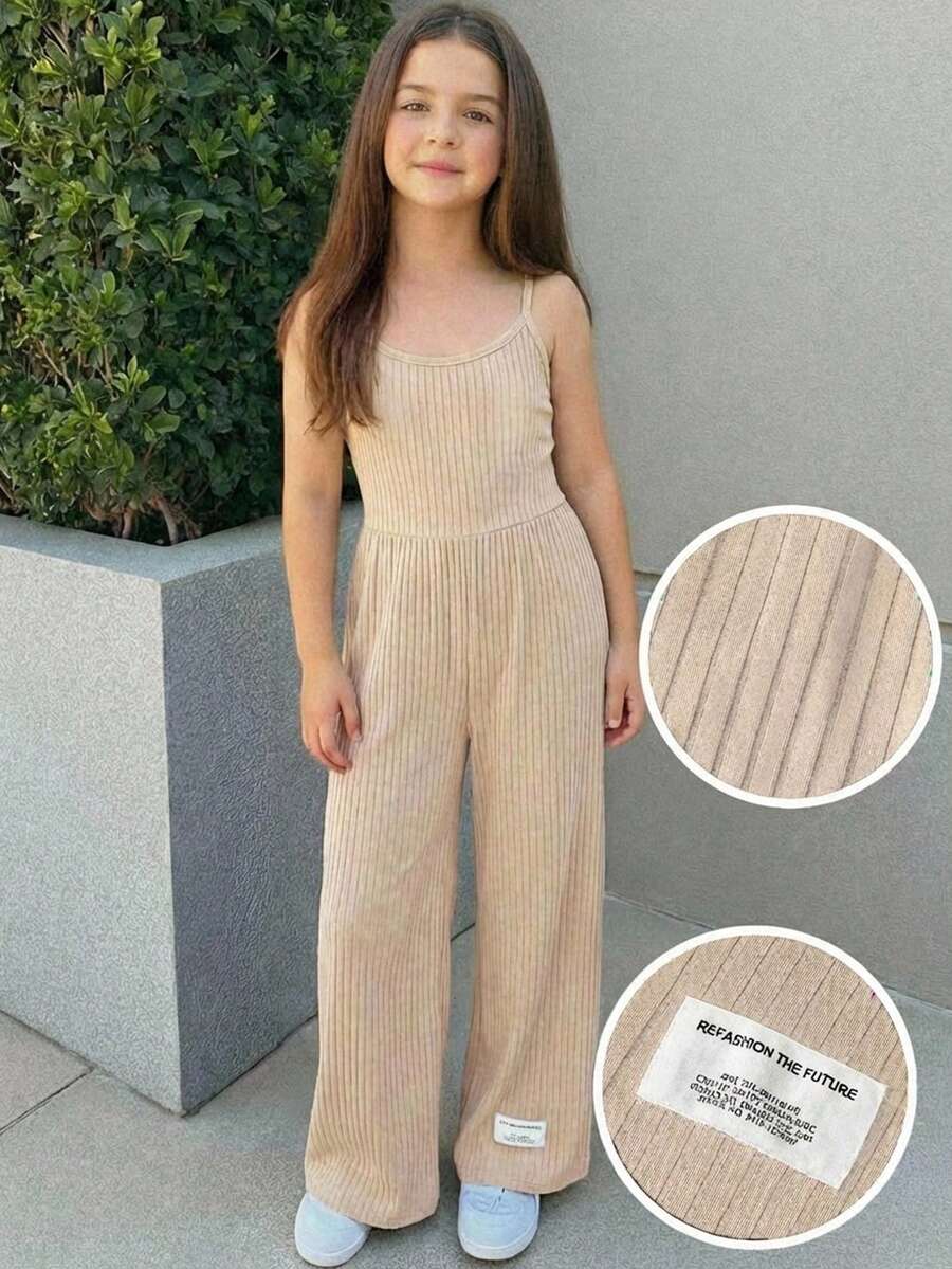 SHEIN 青少年女孩休閒街頭酷感修身羅紋針織細肩帶背心,附文字標語貼布裝飾,收腰寬腿長褲 - 杏色 - 查看 1