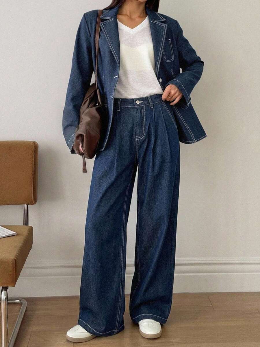 DAZY 女士宽松牛仔夹克有领直筒牛仔裤休闲牛仔套装 - 中等水洗藍 - 查看 1