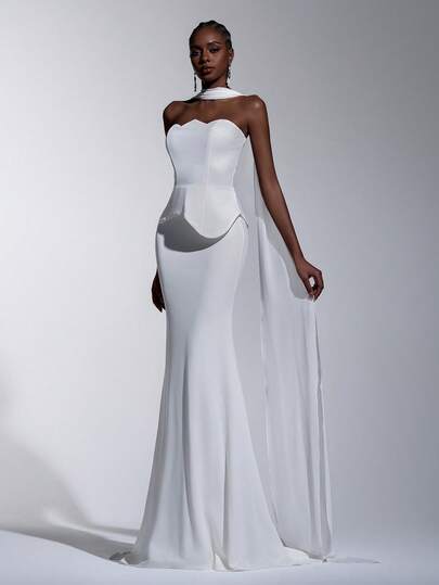 Elitara 优雅奢华不对称荷叶边抹胸束腰鱼尾连衣裙，适合各种场合，例如婚礼礼服和女士正式礼服。