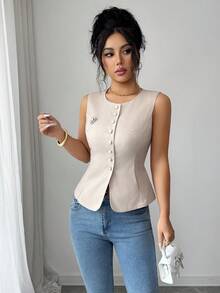 Modelyn Women's Solid Color Round Neck Sleeveless Front Button Elegant Versatile Tank Top - Khaki - View 5