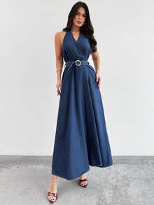 Firerie Women's Criss-Cross V-Neck Backless Fashionable Halter Denim Dress - Dark Wash - View 6