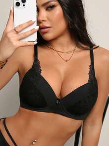 DesireSculpt 1pc Women Lace Patchwork Bra - Black - View 5