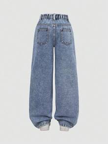 SHEIN Tween Girls Y2K Streetwear Casual Distressed Asymmetrisk Midja Mjuka Bekväma Ljustvättade Blå Jeans, Mångsidiga All-Match Vardagskläder, Vår/Sommar 2025 Nyheter - Ljustvätt - Visa 2