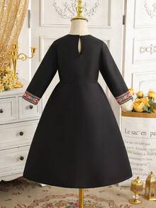 Young Girls Geometric Pattern V-Neck Long Sleeve A-Line Casual Maxi Dress, Suitable For Beach Party, Summer - Black - View 2