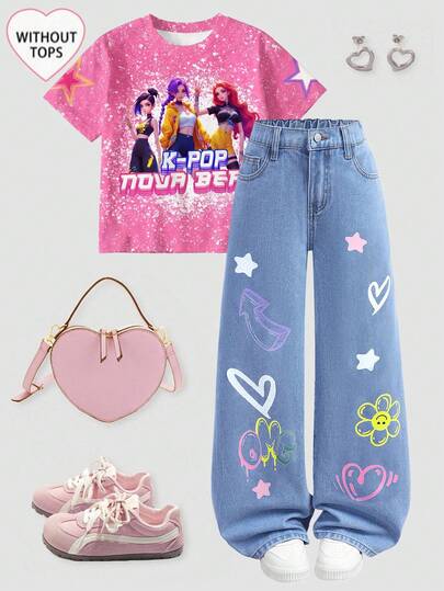 SHEIN Girlism 少女时尚休闲 Y2K 复古酷炫街头宽松舒适清爽可爱精致涂鸦花朵爱心图案蓝色牛仔裤日常穿搭春夏锐舞节和街头服饰