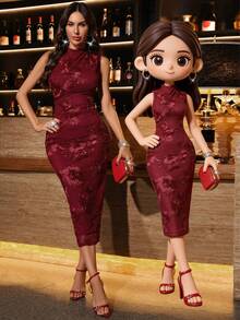 SHEIN Clasi 女士优雅提花漏斗领修身连衣裙，夏季 - 紅色 - 查看 10
