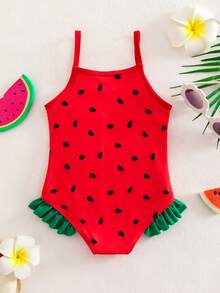 Baby Girl Patchwork Ruffled Hem Casual Beach Vacation Spaghetti Strap One-Piece Swimsuit - Red - View 2