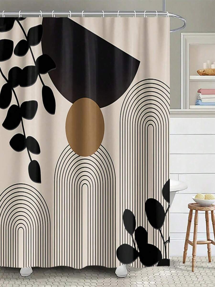 1PC Abstract Geometric Minimalist Shower Curtain Set With Modern Leaf Pattern -Water-Resistant Polyester Bathroom Decor With 12 Plastic Hooks - Machine Washable, Woven Curtain, Art Inspired Design, Fall Decor Bathroom Accessories - Multicolor - View 1