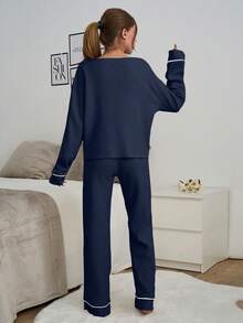 EURMUSE 2pcs Cotton Contrast Piping With Eye Embroidery Detail Homwear Set - Navy Blue - View 2