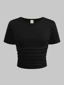 SHEIN 3pcs/Set Tween Girls' Fitted Casual Ribbed Crew Neck Ruched Short Sleeve T-Shirts - Grey - View 6