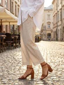 Simple And Thick Heel Sandals For Women With Ankle Strap - Brown - View 3