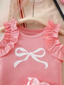 1 set Top à manches courtes avec volants et imprimé nœud et jupe à volants pour bébé fille. Style mignon et girly. Ensemble léger et respirant de 2 pièces adorable pour les sorties quotidiennes et les jeux. Tenue de mode printemps et été - Vieux Rose - Voir 3