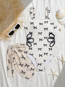 Tween GirlsSwimsuit Set, White Cute Bow Knit Fabric, Fashion Casual Elegant Lady Style, Suitable For Swimming, Summer Vacation, Beach, Pool, Holiday Party - Multicolor - View 3