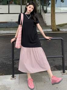 DAZY 女式长款拼布连衣裙、荷叶边连衣裙、休闲女装 - 黑色 - 查看 3