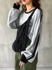 FRIFUL 女式圆领拼色条纹设计长袖宽松街头风格 T 恤，秋季服装 - 灰色 - 查看 4